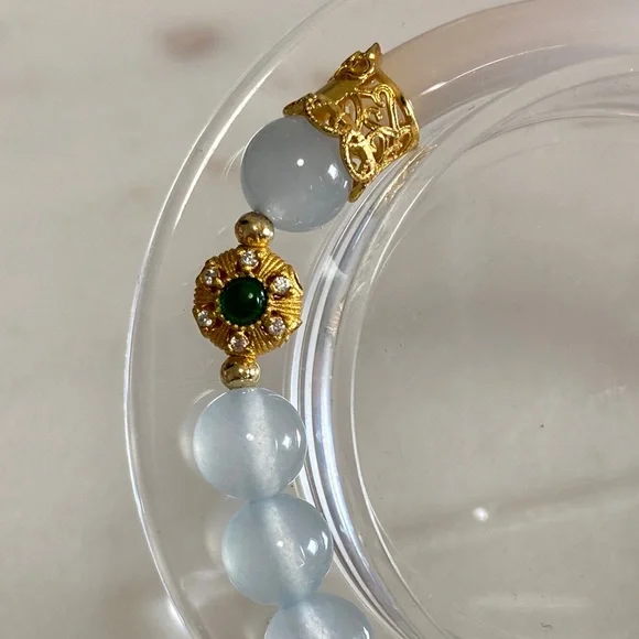 Natural White Agate & Aquamarine Half Bangle Bracelet - Handcrafted Artisan - Picture 2 of 8